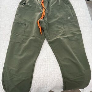 Figs Women's Skinny Pants in Olive Green with Bright Orange Accents